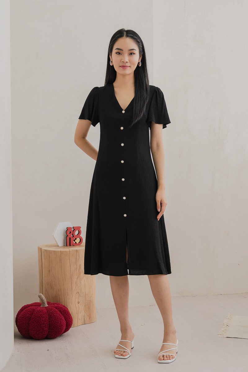 Portia Pearl Button Slit Midi Dress In Black (XS)