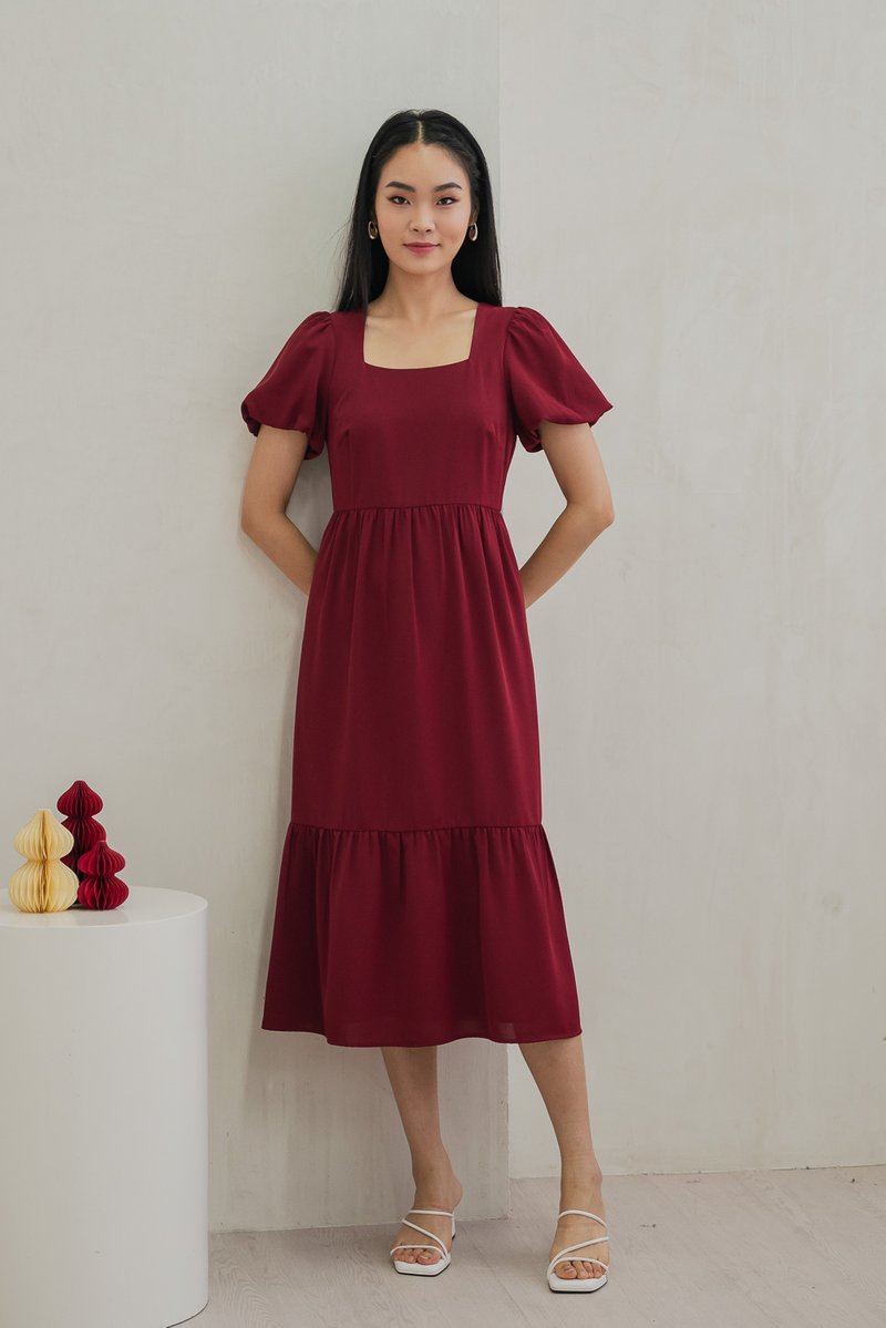 Spring Puff Sleeve Maxi Dress In Wine Red (XS)