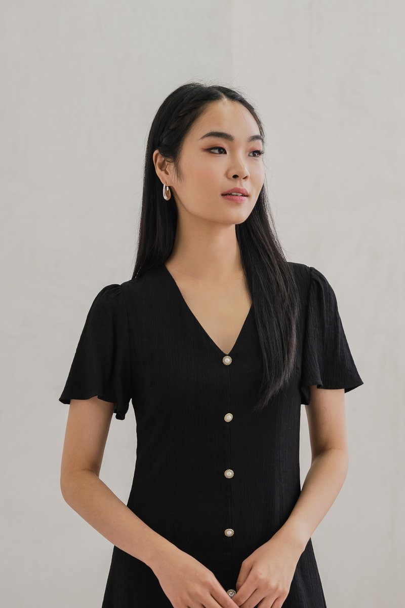 Portia Pearl Button Slit Midi Dress In Black (XS)