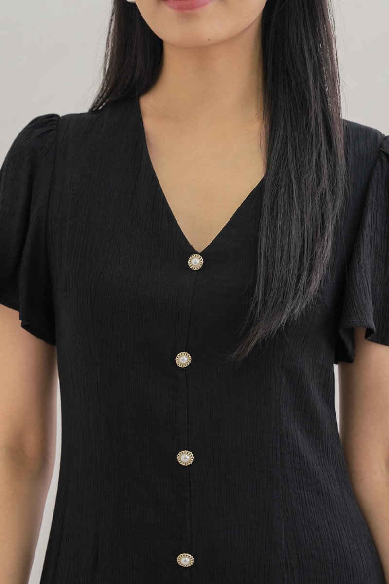Portia Pearl Button Slit Midi Dress In Black (XS)