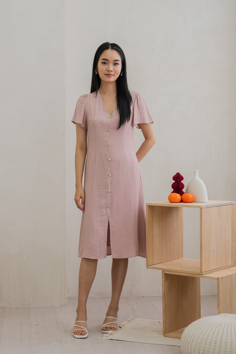 Portia Pearl Button Slit Midi Dress In Dusty Pink