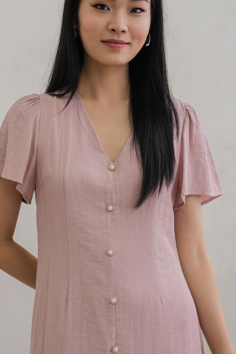 Portia Pearl Button Slit Midi Dress In Dusty Pink