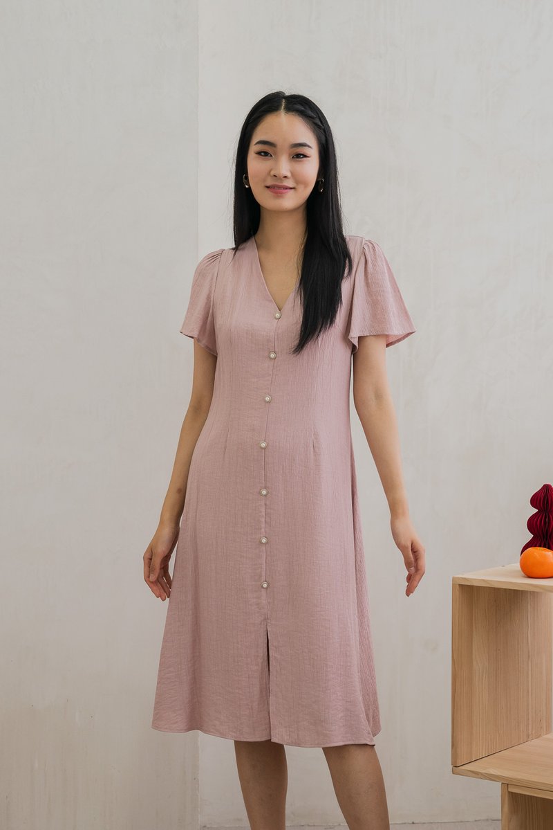 Portia Pearl Button Slit Midi Dress In Dusty Pink