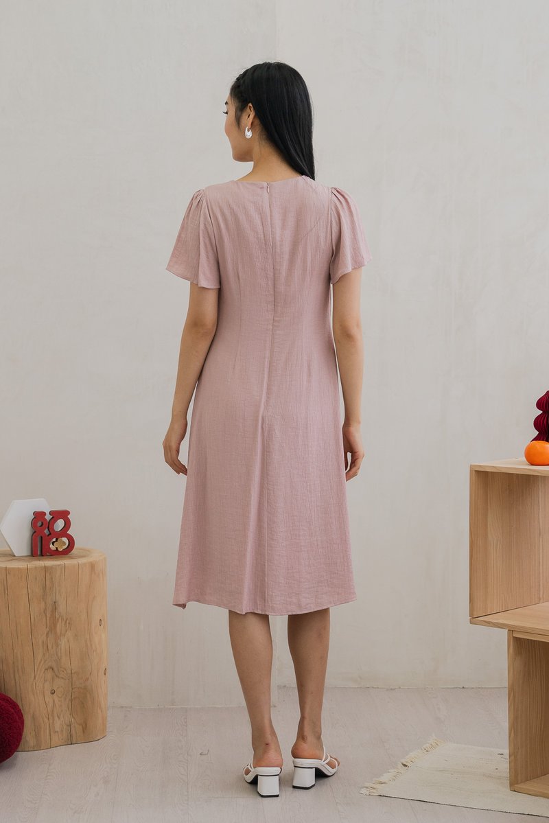 Portia Pearl Button Slit Midi Dress In Dusty Pink