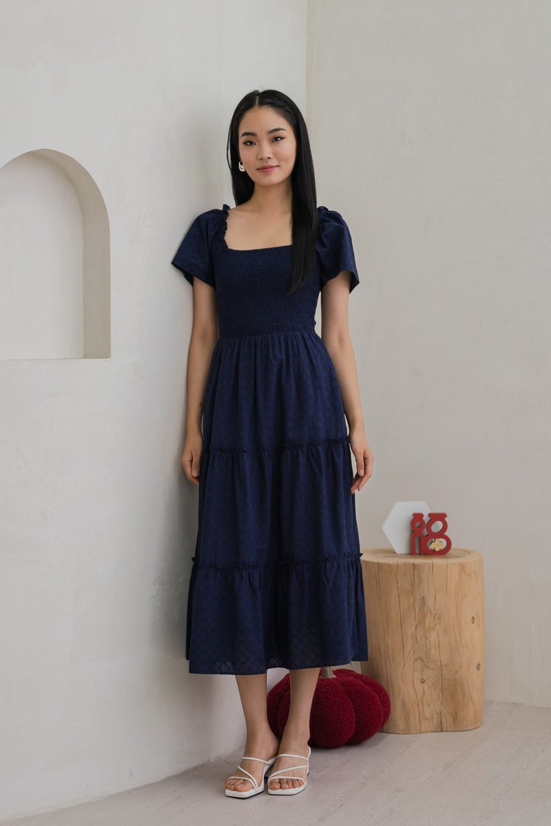 Rosita Ribbon Embroidery Tiered Maxi Dress In Navy (XS)