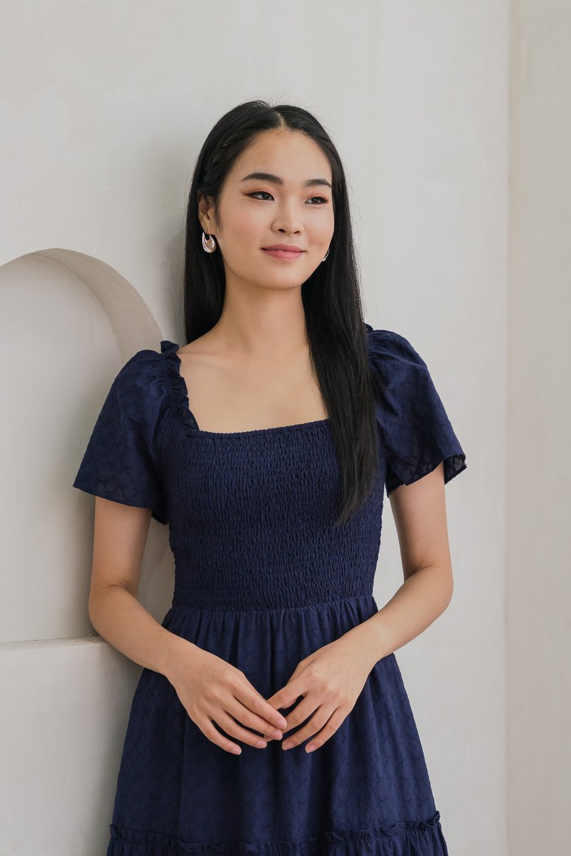 Rosita Ribbon Embroidery Tiered Maxi Dress In Navy (XS)