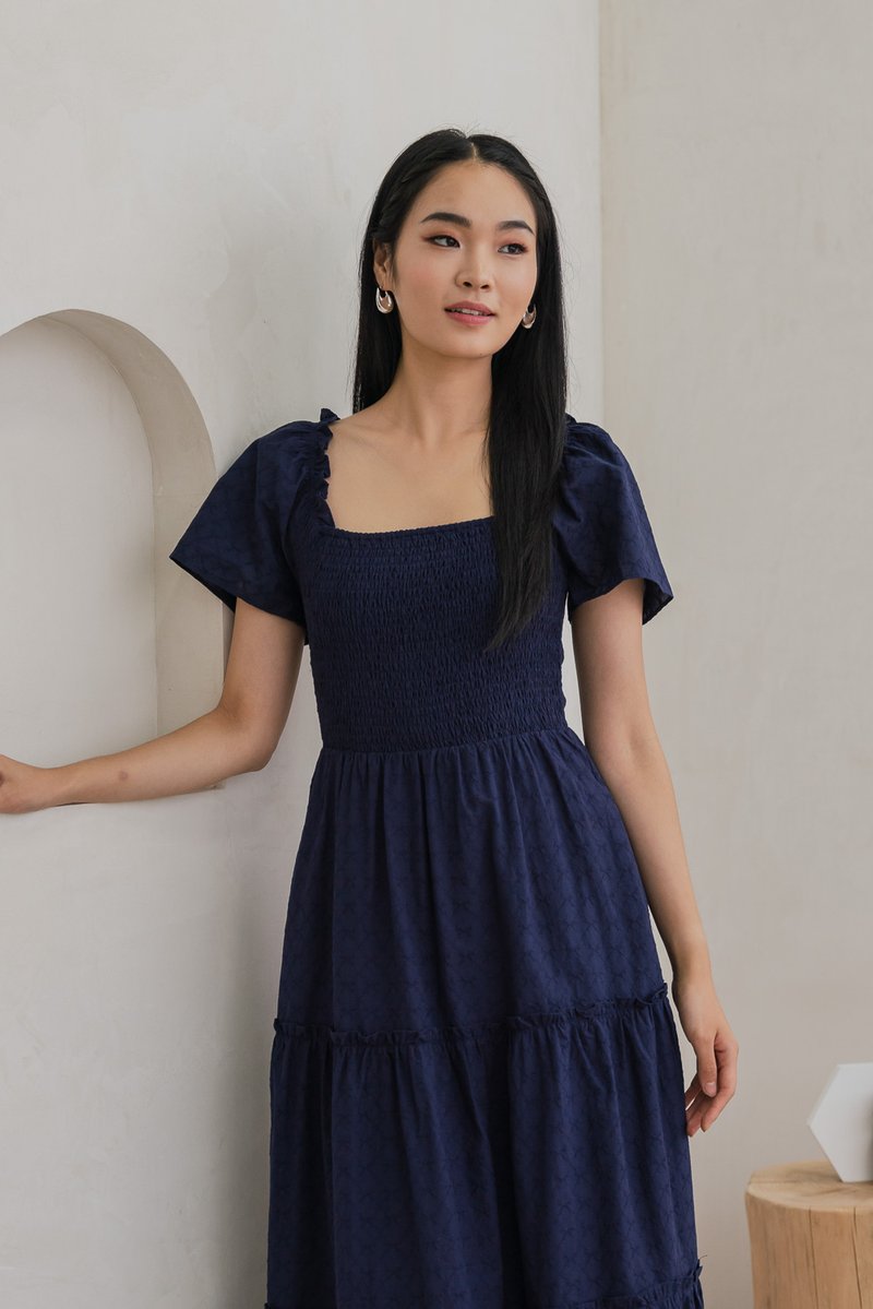 Rosita Ribbon Embroidery Tiered Maxi Dress In Navy (XS)