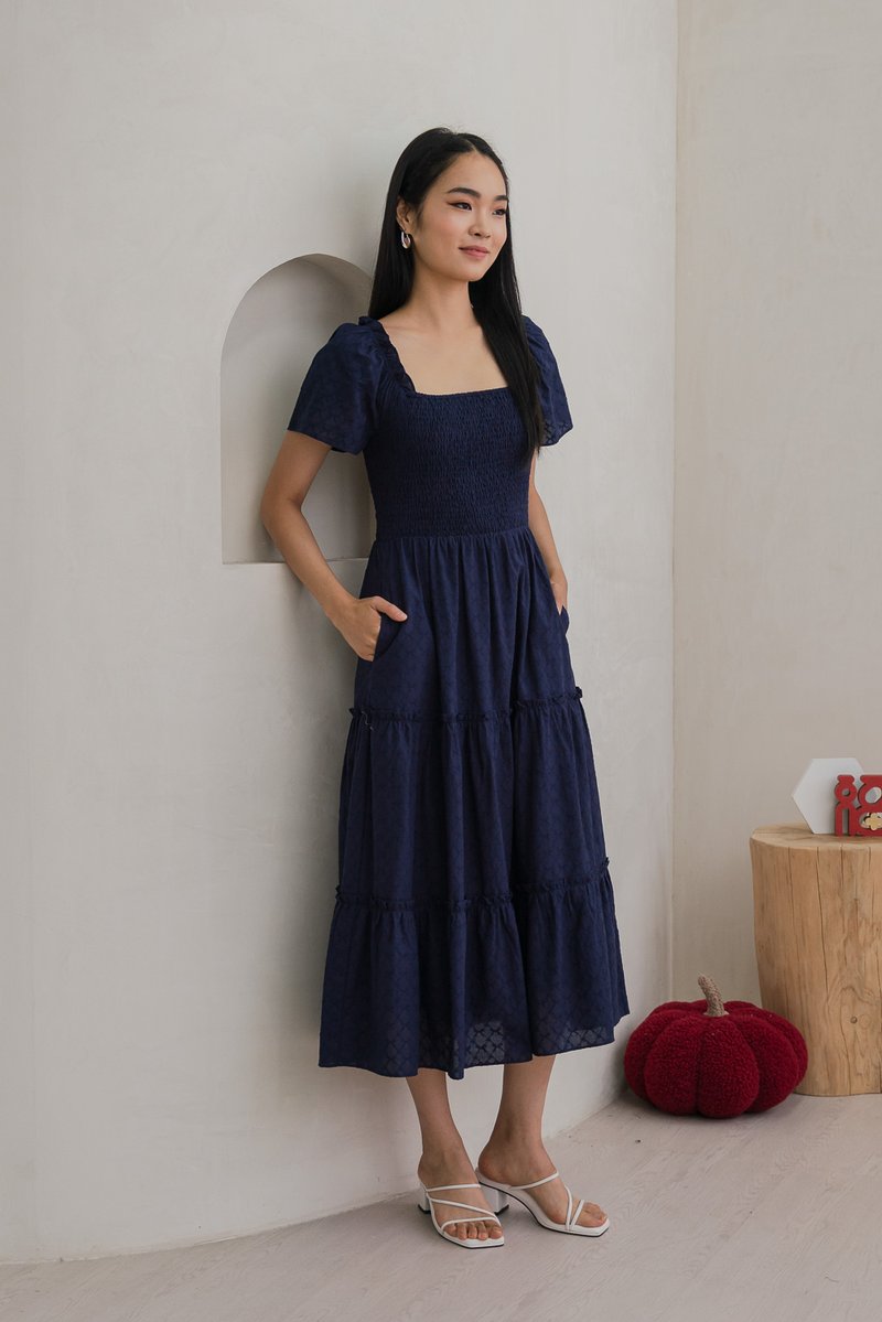 Rosita Ribbon Embroidery Tiered Maxi Dress In Navy (XS)