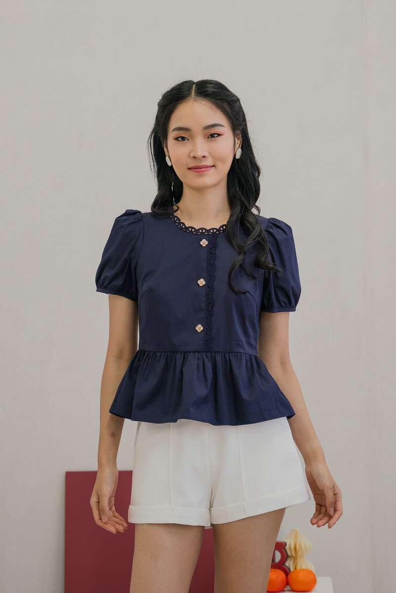 Carmandy Clover Button Eyelet Trim Top in Navy (XS)