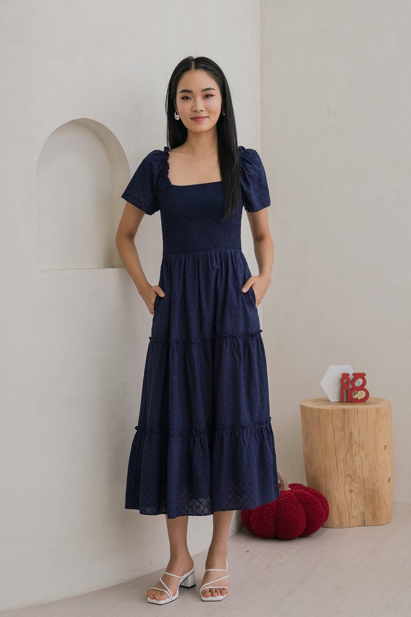 Rosita Ribbon Embroidery Tiered Maxi Dress In Navy (XS)