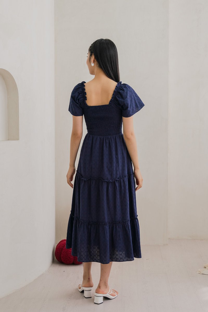 Rosita Ribbon Embroidery Tiered Maxi Dress In Navy (XS)