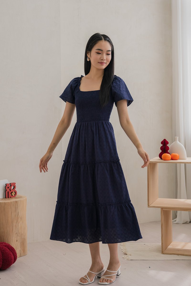 Rosita Ribbon Embroidery Tiered Maxi Dress In Navy (XS)