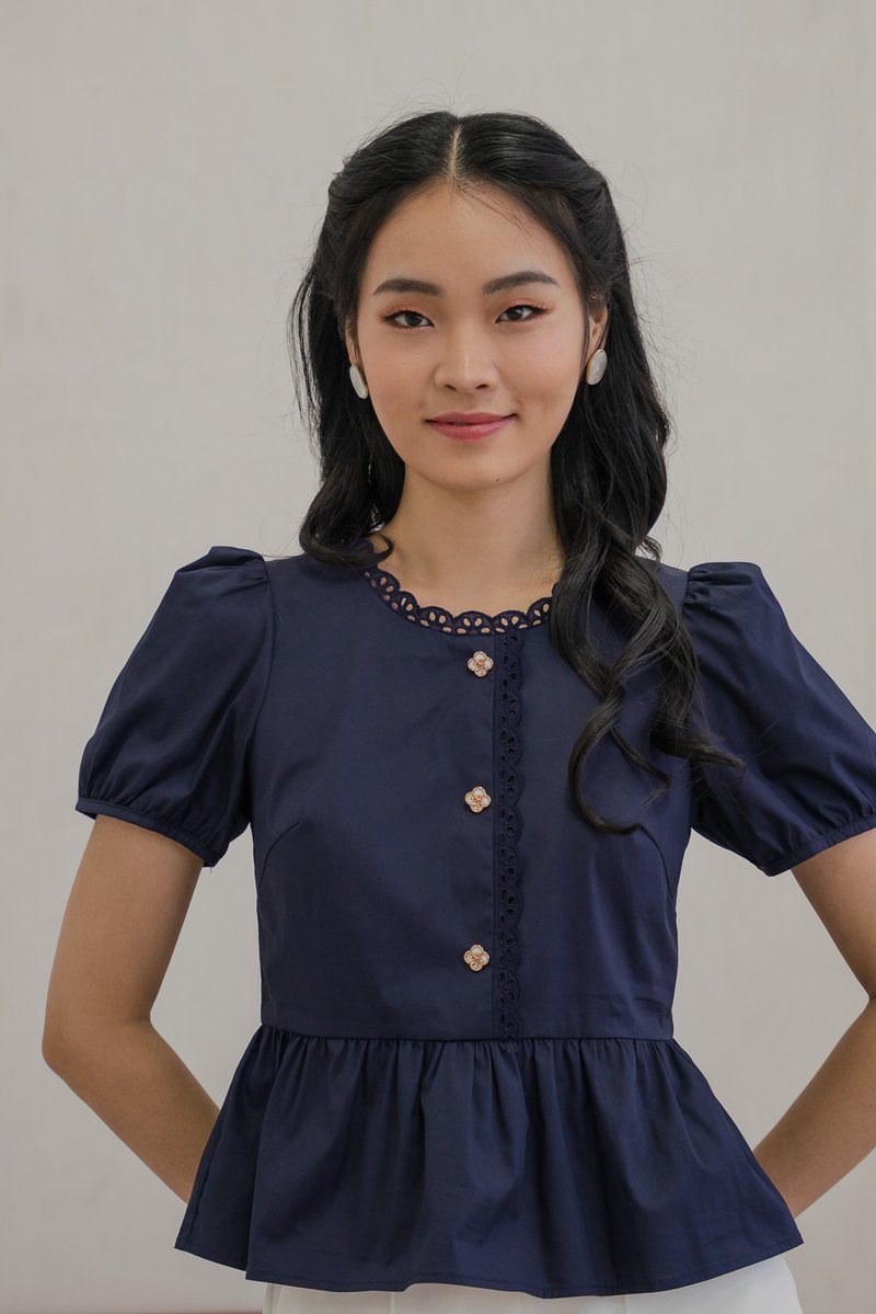 Carmandy Clover Button Eyelet Trim Top in Navy (XS)