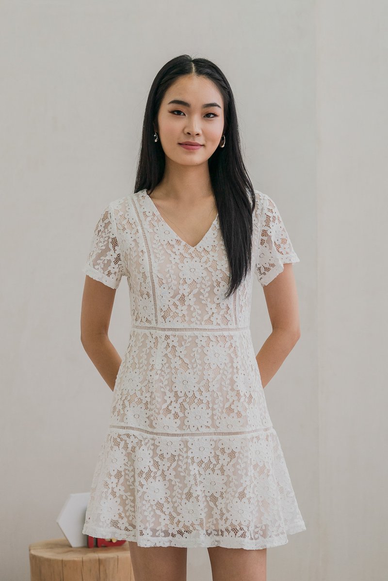 Lynette Contrast Lace Tiered Dress In White