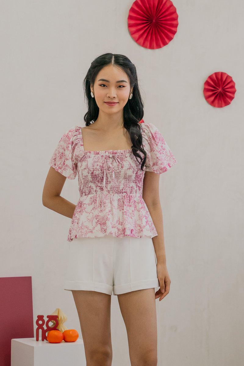 Tana Toile Smocked Ribbon Top In Pink (XS)
