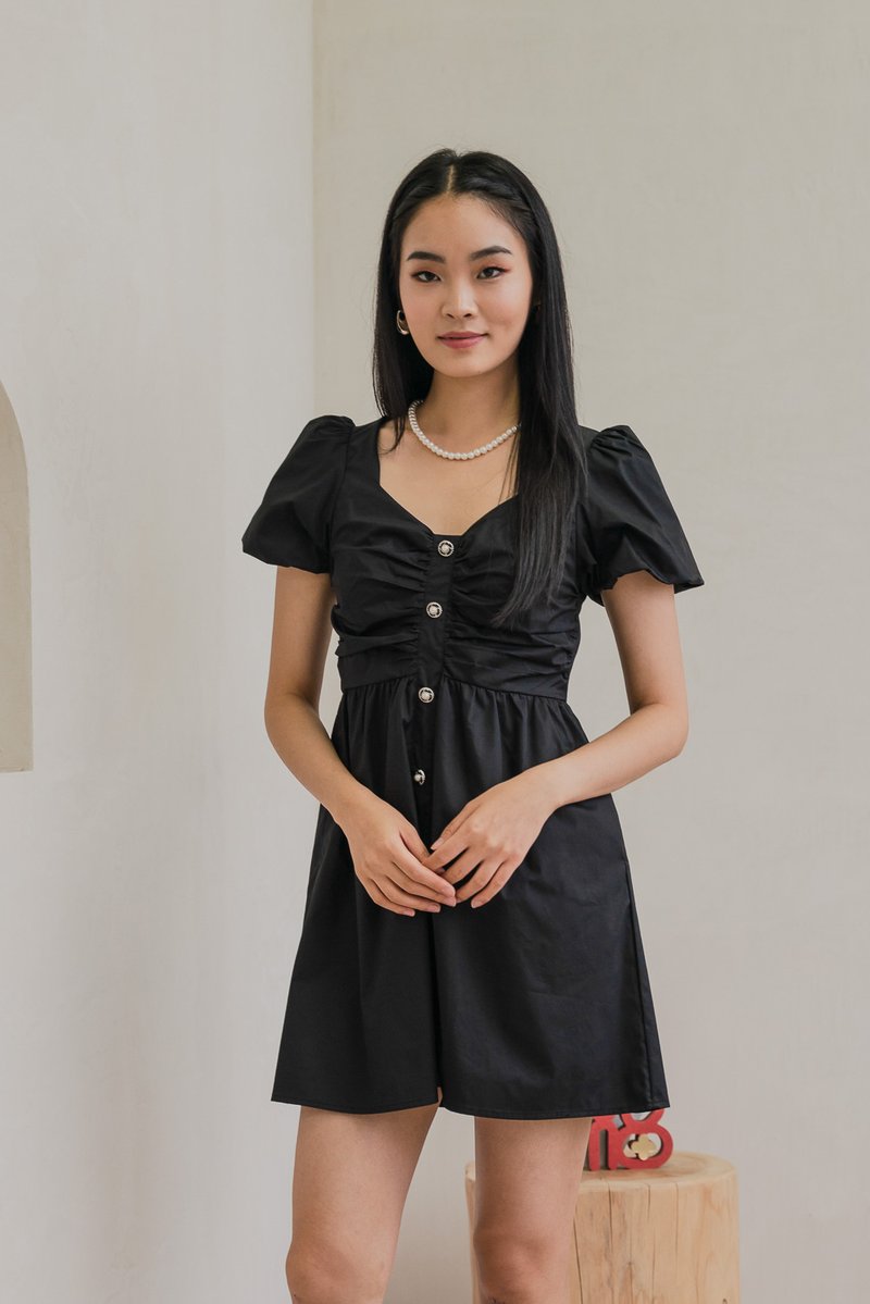 Rianna Ruched Button Puff Sleeve Dress In Black