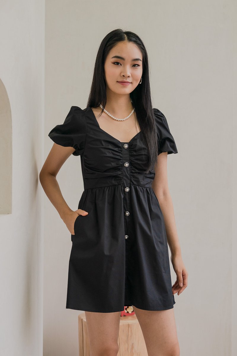 Rianna Ruched Button Puff Sleeve Dress In Black