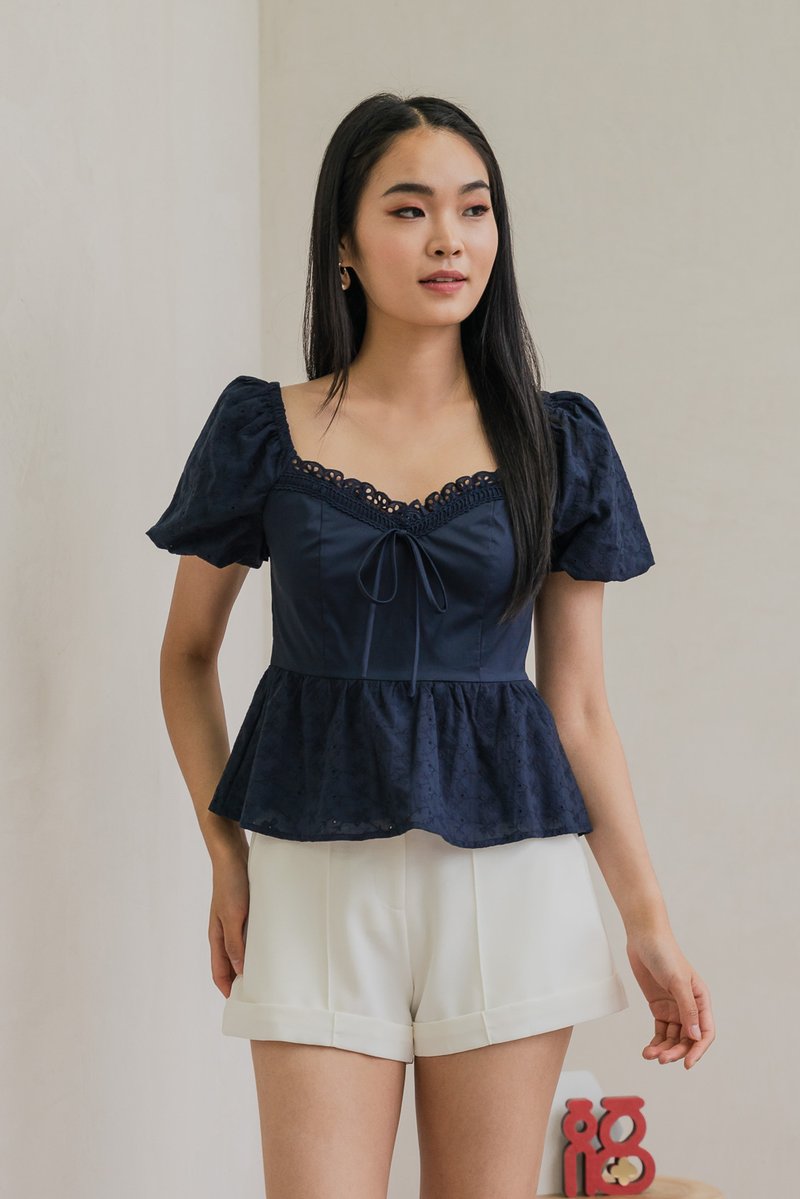 Maisie Mixed Fabric Eyelet Ribbon Top In Navy (XS)