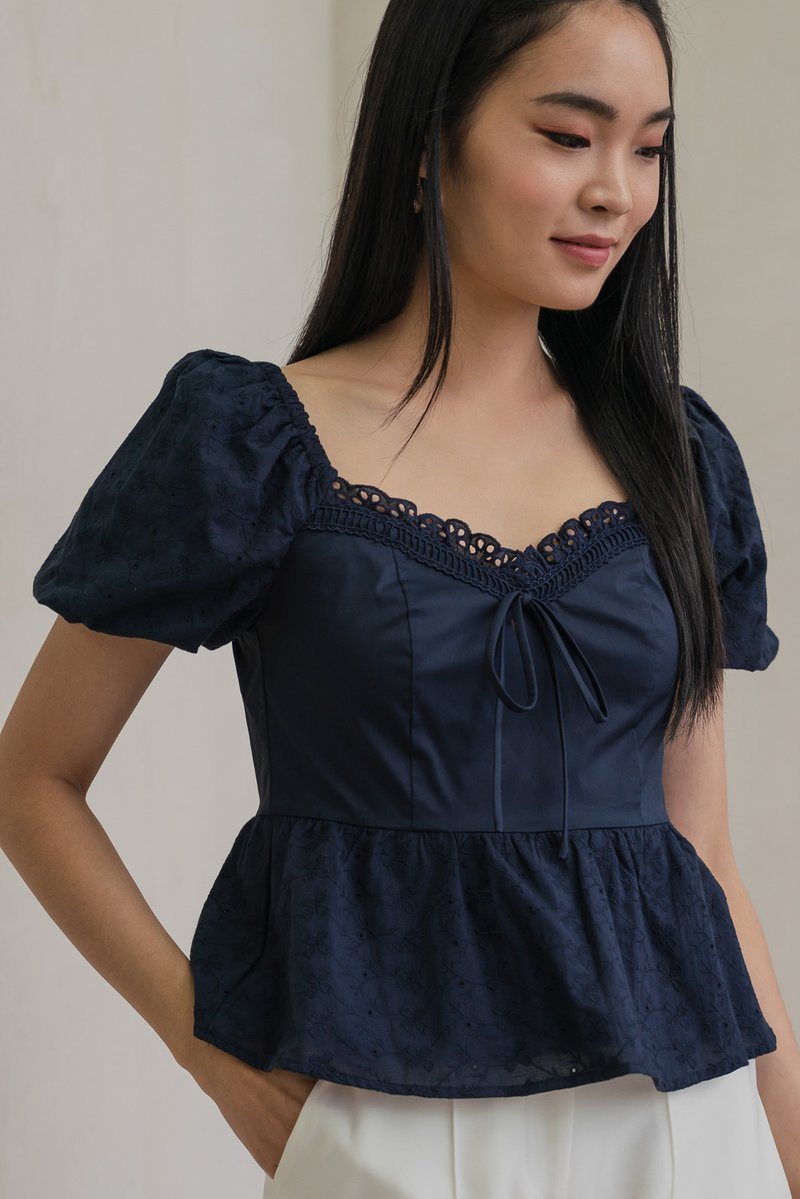 Maisie Mixed Fabric Eyelet Ribbon Top In Navy (XS)