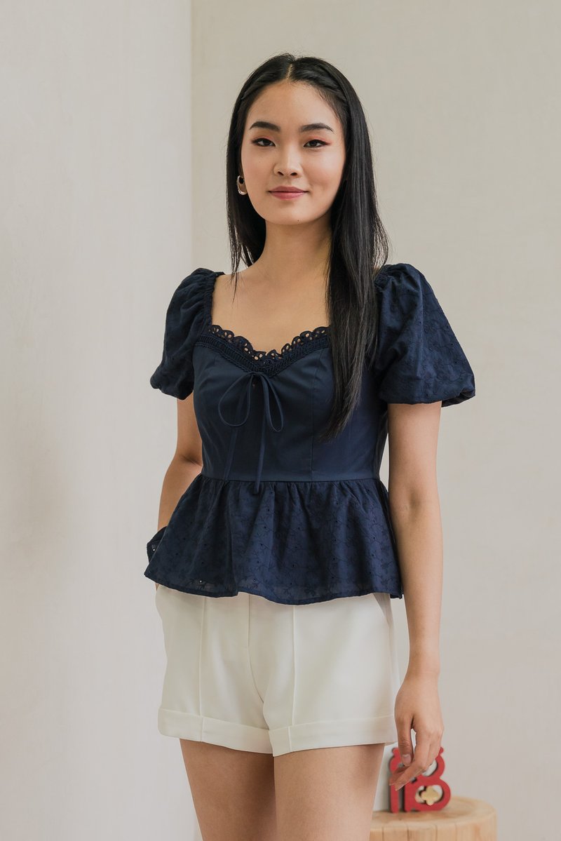 Maisie Mixed Fabric Eyelet Ribbon Top In Navy (XS)