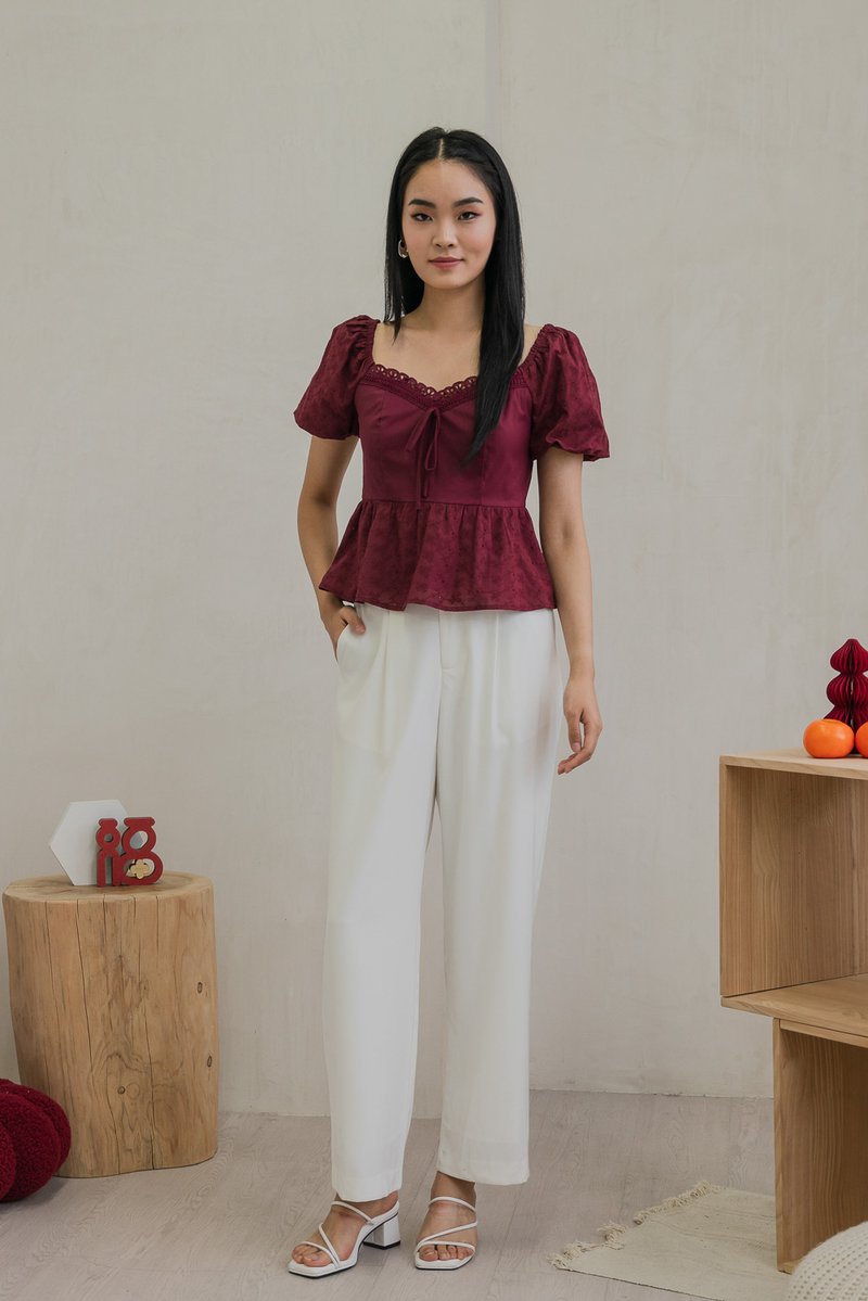 Maisie Mixed Fabric Eyelet Ribbon Top In Wine (XS)