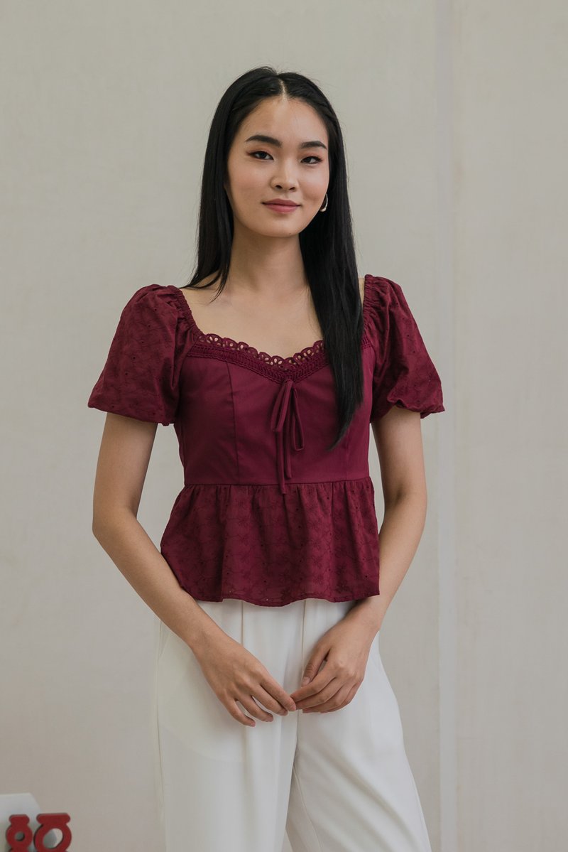 Maisie Mixed Fabric Eyelet Ribbon Top In Wine (XS)