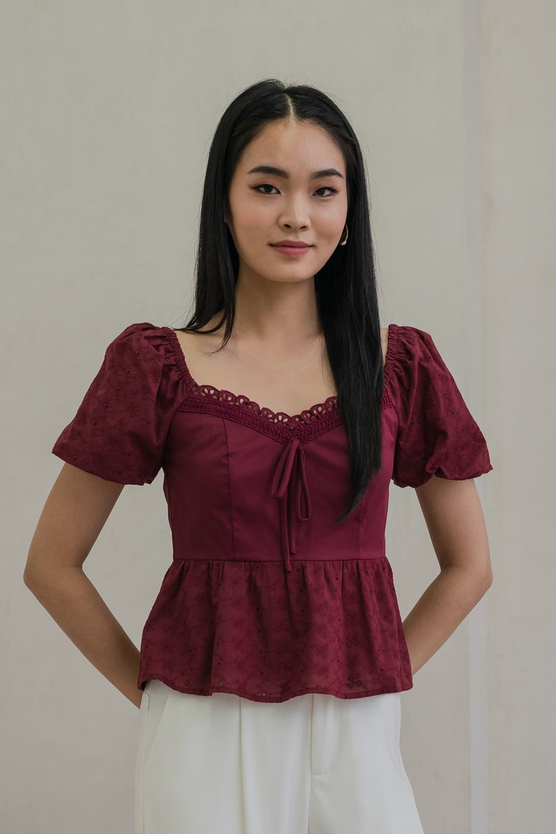 Maisie Mixed Fabric Eyelet Ribbon Top In Wine (XS)