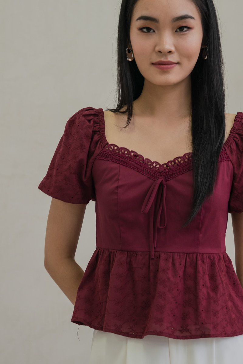 Maisie Mixed Fabric Eyelet Ribbon Top In Wine (XS)