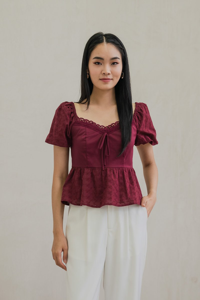Maisie Mixed Fabric Eyelet Ribbon Top In Wine (XS)