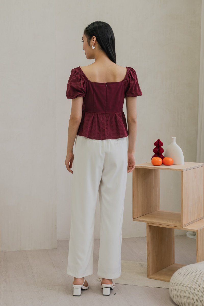 Maisie Mixed Fabric Eyelet Ribbon Top In Wine (XS)