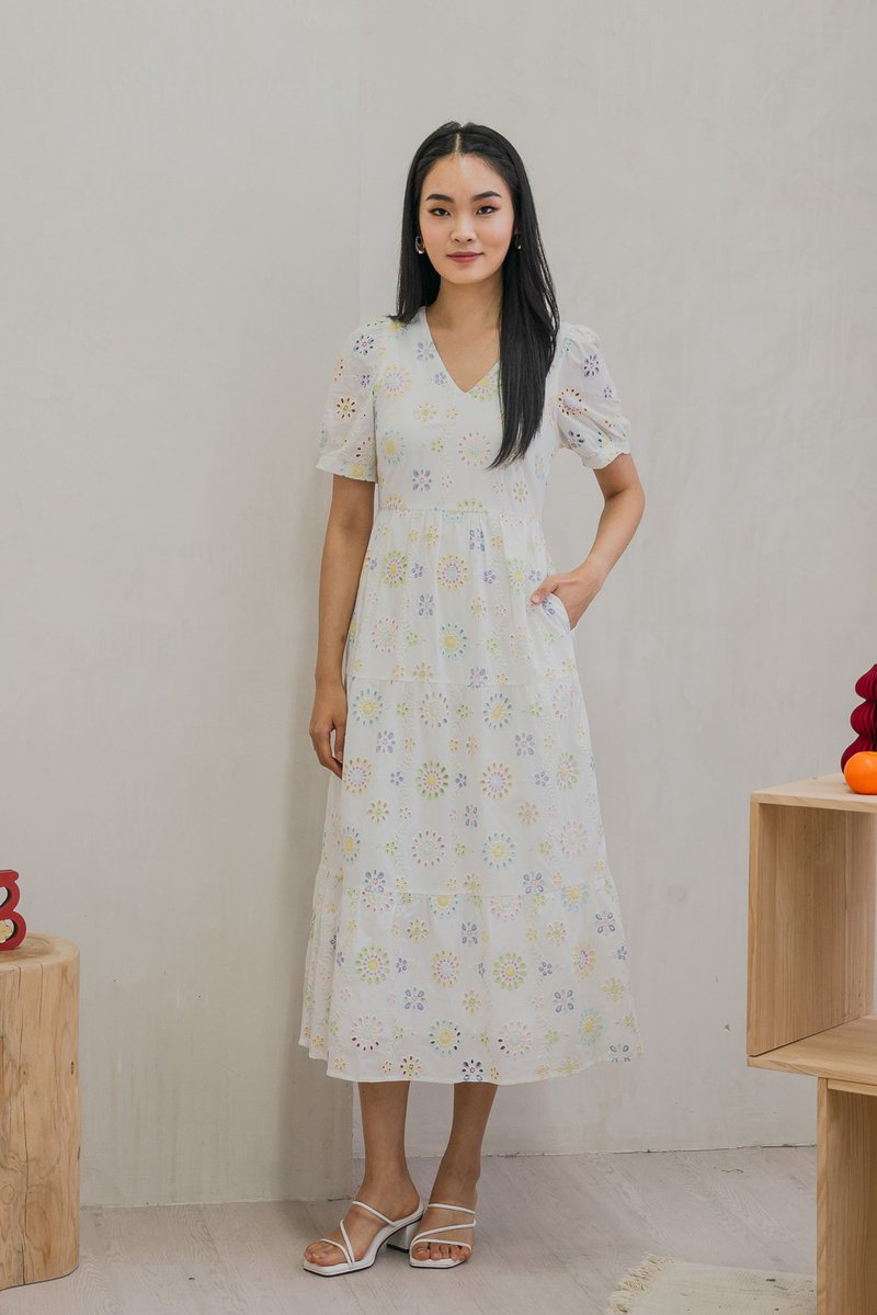 Lumina Pastel Eyelet Maxi Dress In White (XS)