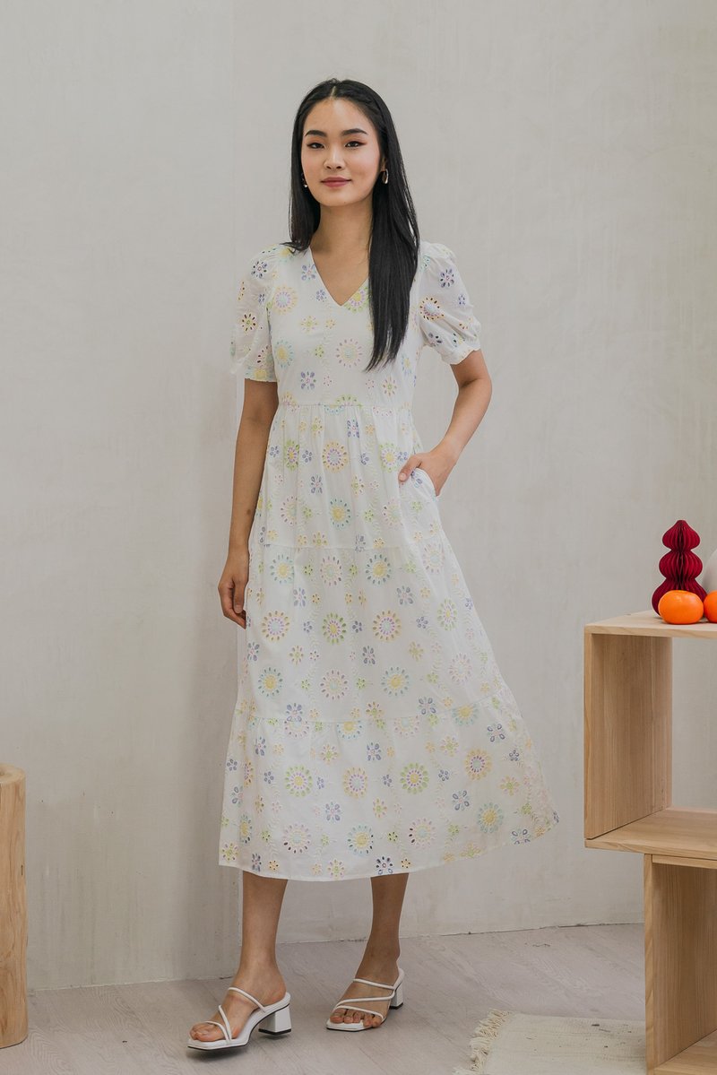Lumina Pastel Eyelet Maxi Dress In White (XS)