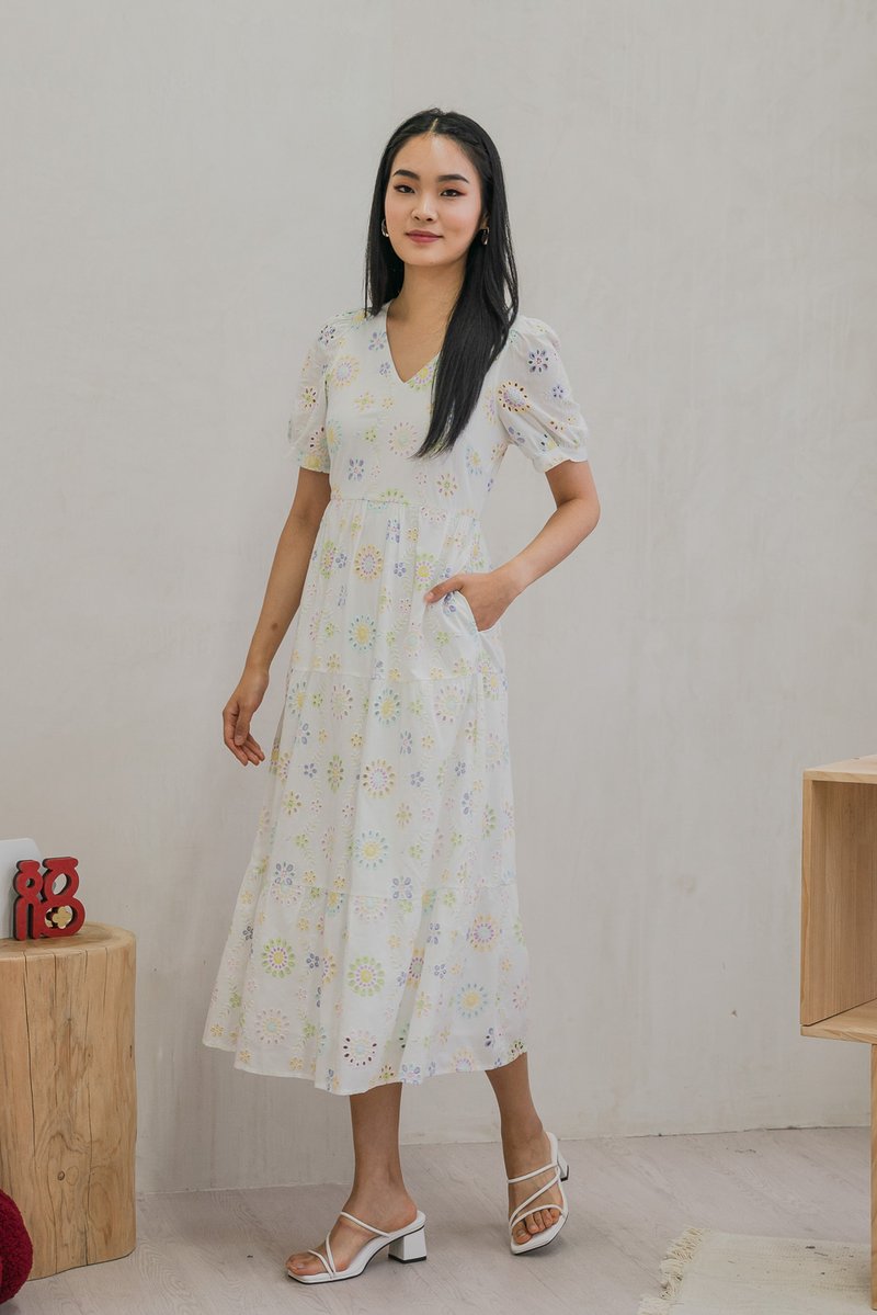 Lumina Pastel Eyelet Maxi Dress In White (XS)