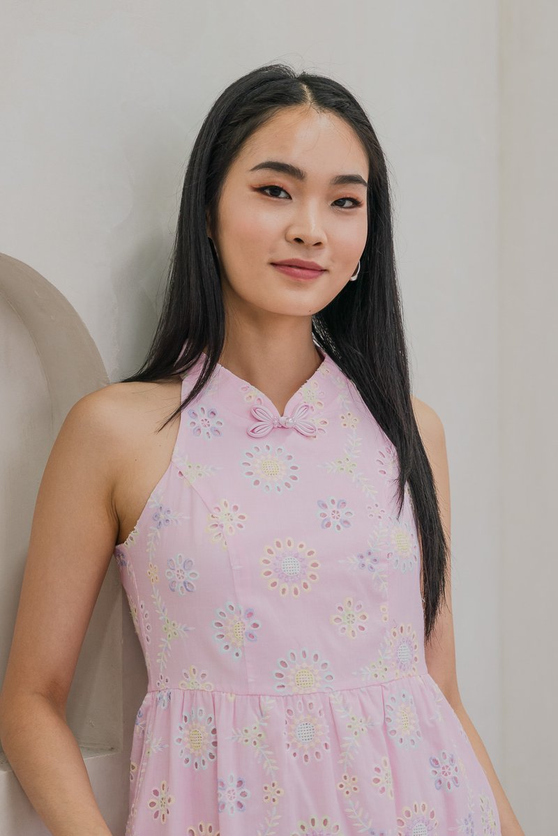 Lumina Pastel Eyelet Qipao Dress In Pink