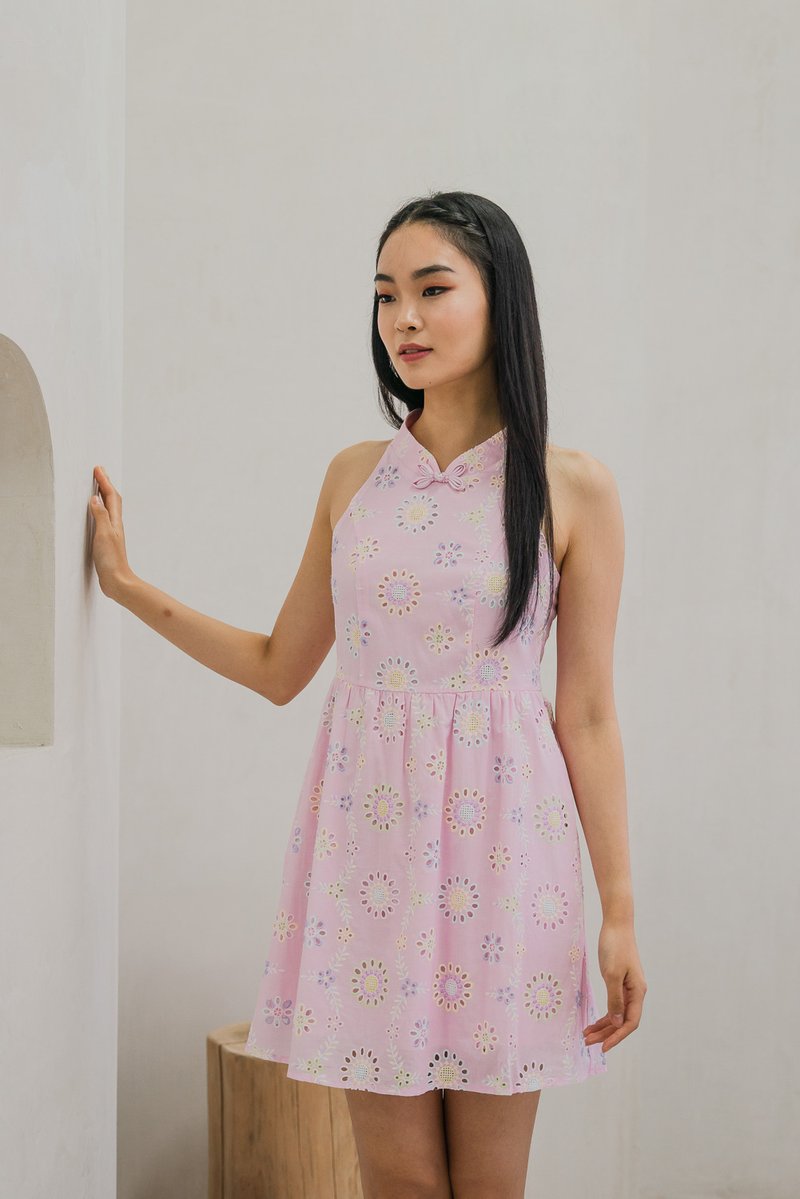 Lumina Pastel Eyelet Qipao Dress In Pink