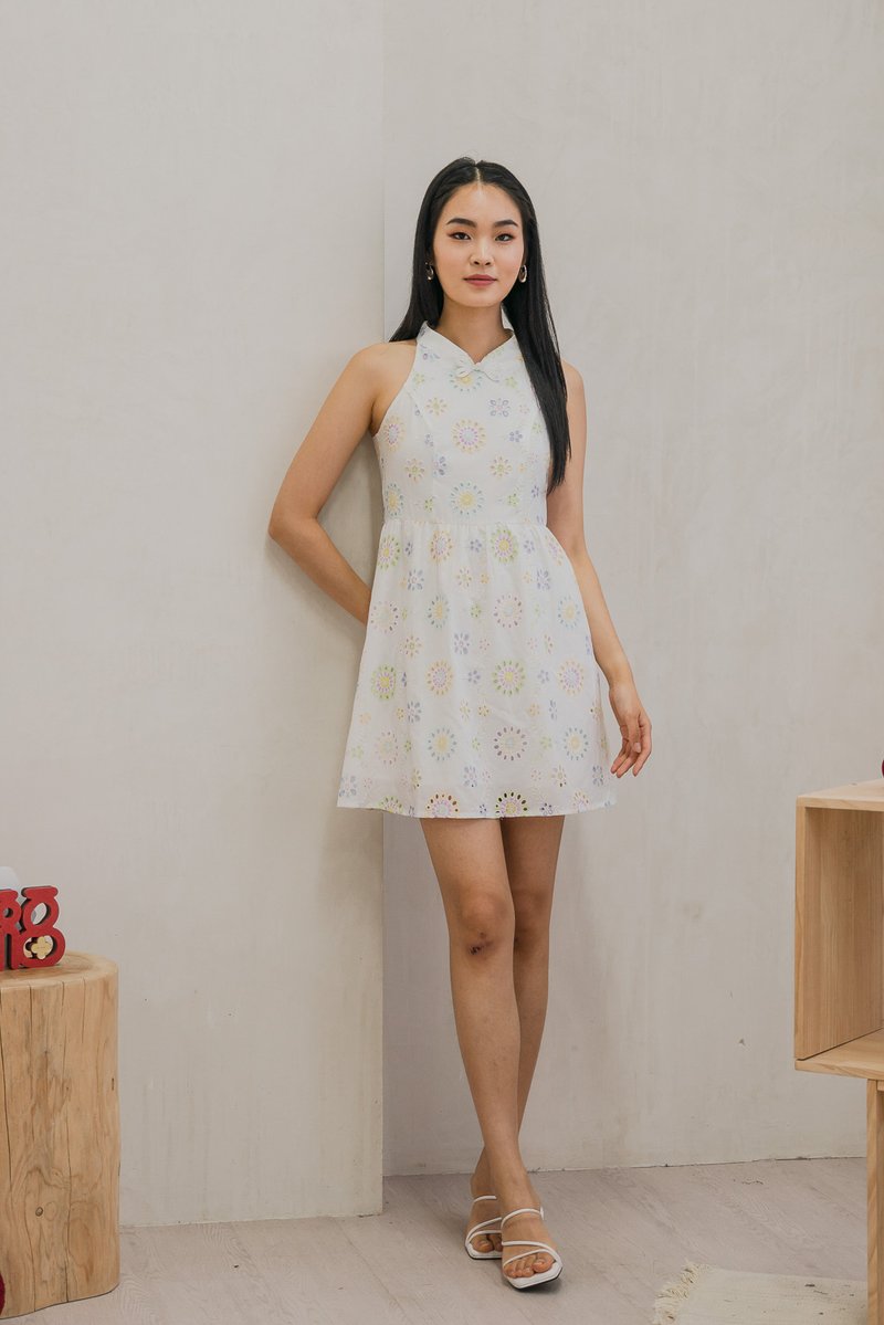 Lumina Pastel Eyelet Qipao Dress In White