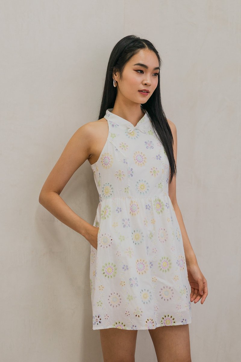 Lumina Pastel Eyelet Qipao Dress In White