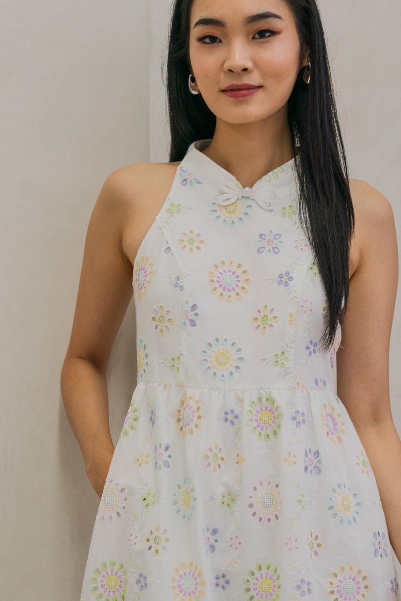 Lumina Pastel Eyelet Qipao Dress In White