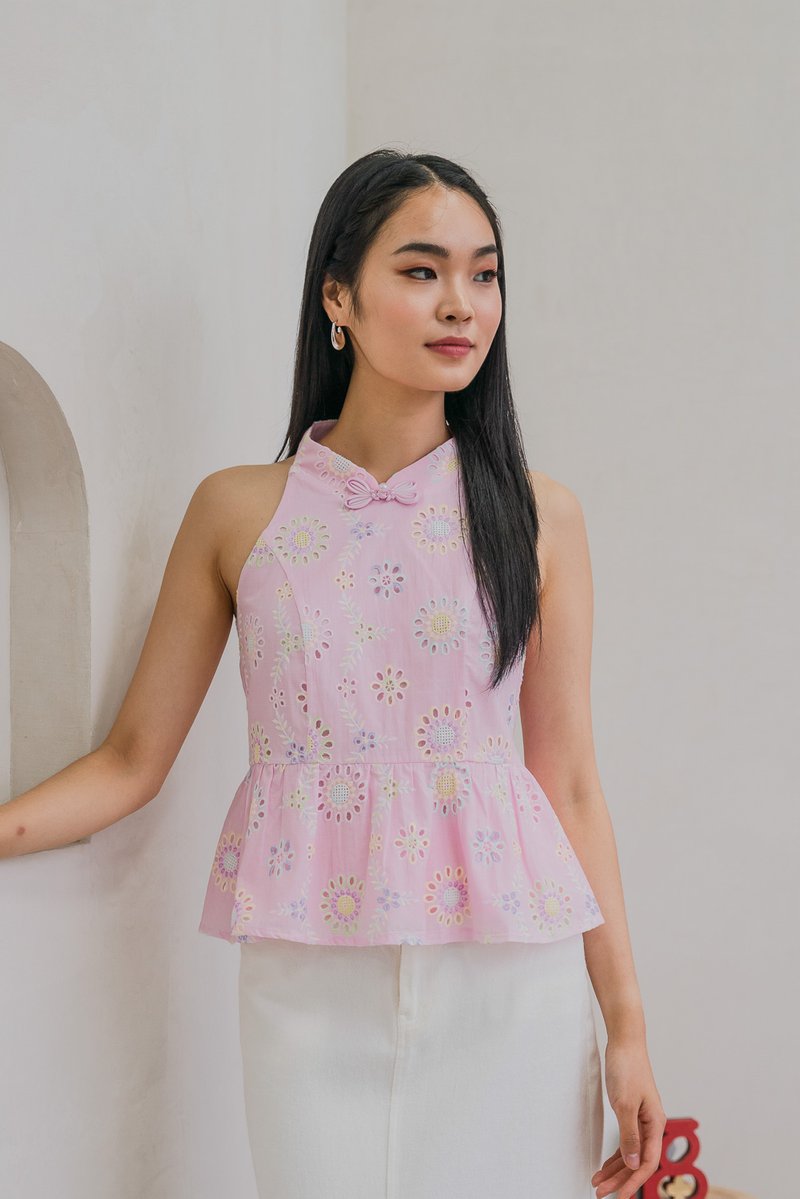 Lumina Pastel Eyelet Qipao Top In Pink
