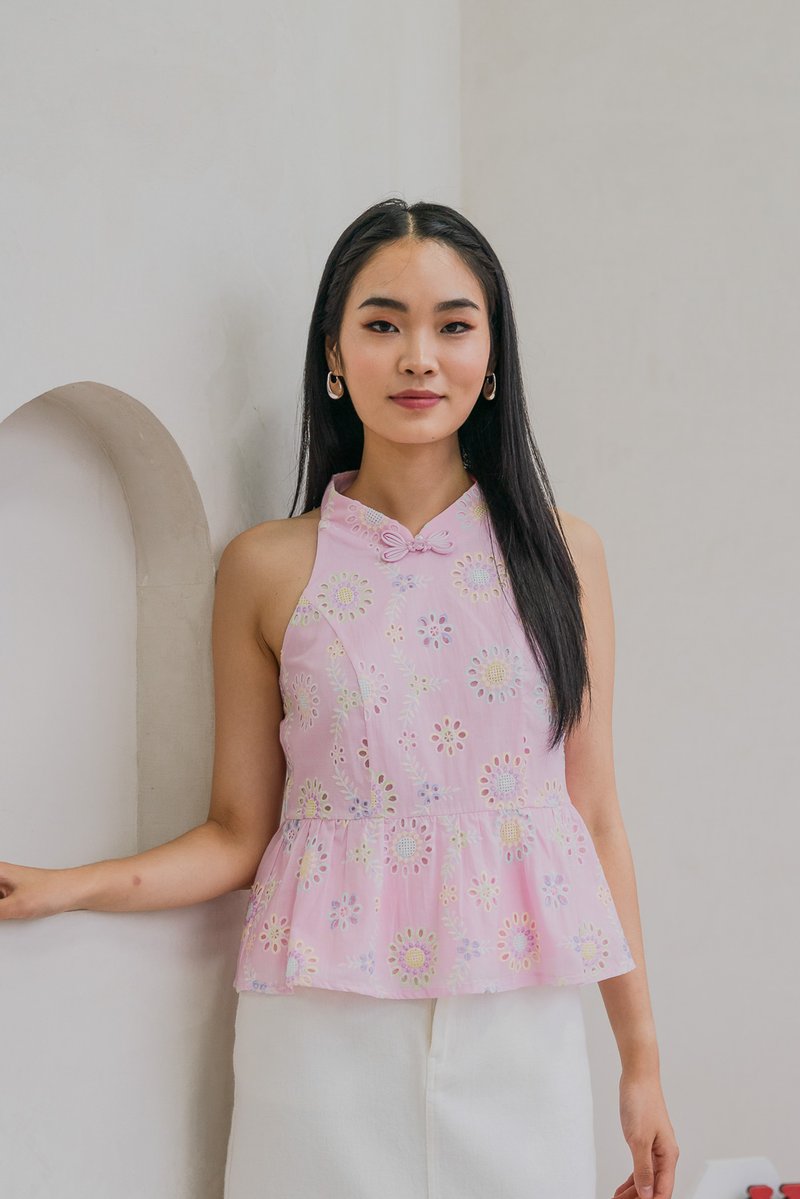 Lumina Pastel Eyelet Qipao Top In Pink