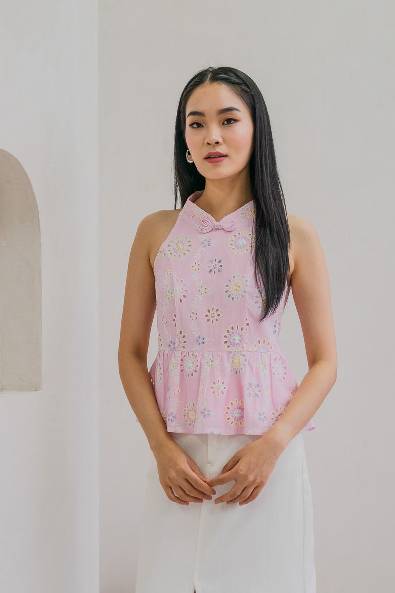 Lumina Pastel Eyelet Qipao Top In Pink