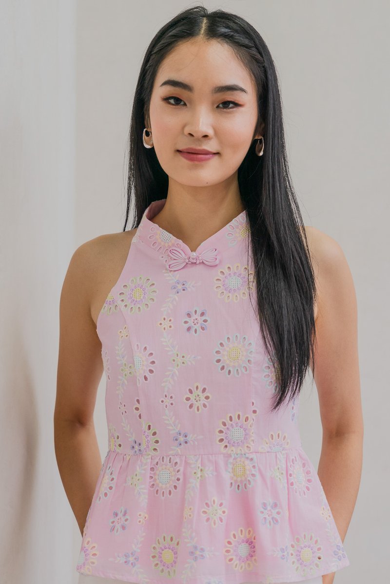 Lumina Pastel Eyelet Qipao Top In Pink