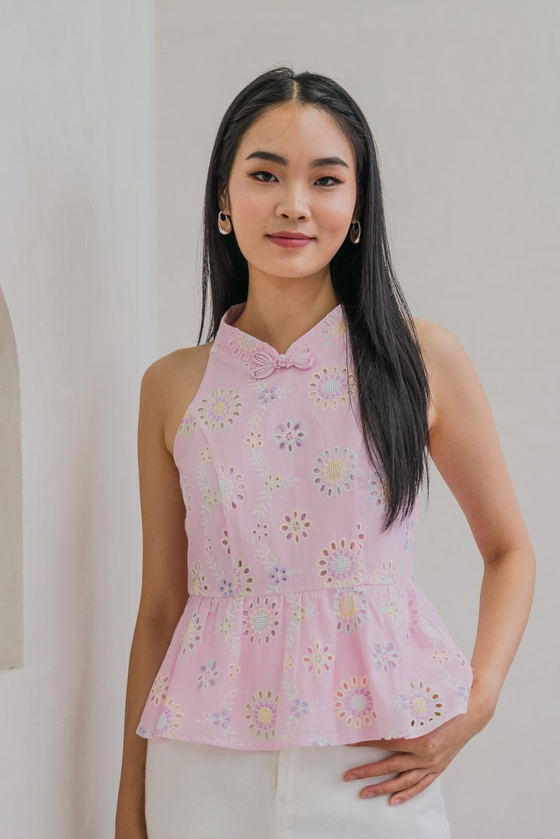Lumina Pastel Eyelet Qipao Top In Pink