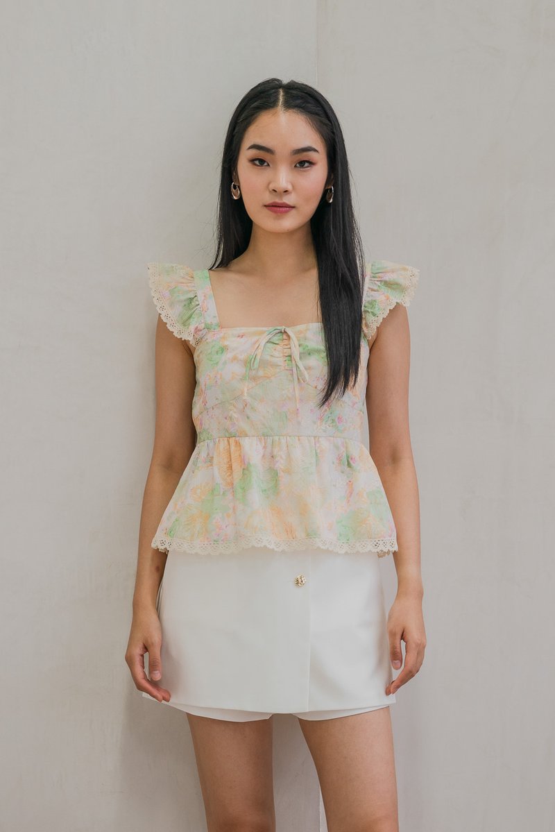 Saffron Ruffle Sleeves Crochet Hem Top In Cream (XS)