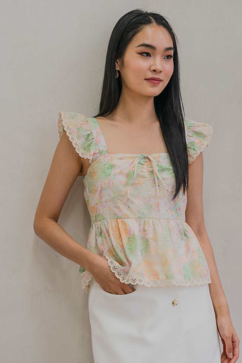 Saffron Ruffle Sleeves Crochet Hem Top In Cream (XS)