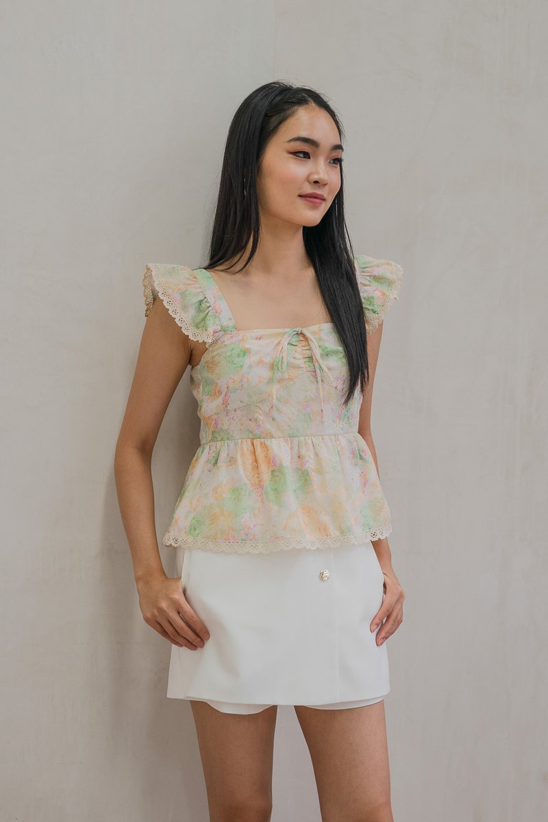 Saffron Ruffle Sleeves Crochet Hem Top In Cream (XS)