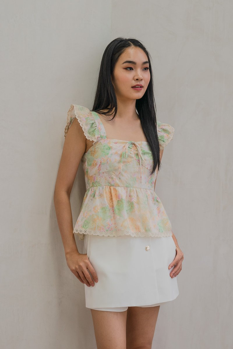 Saffron Ruffle Sleeves Crochet Hem Top In Cream (XS)