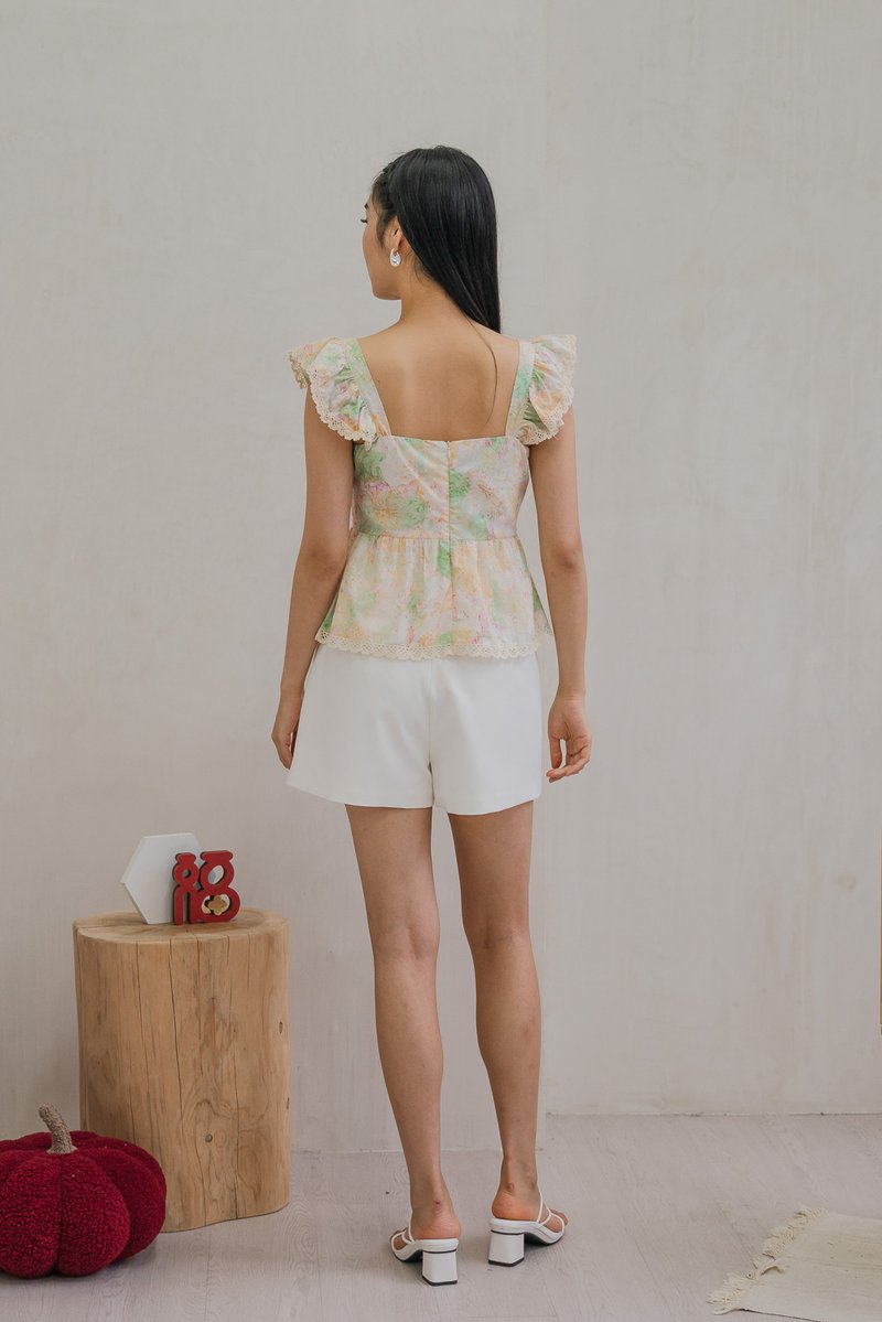 Saffron Ruffle Sleeves Crochet Hem Top In Cream (XS)