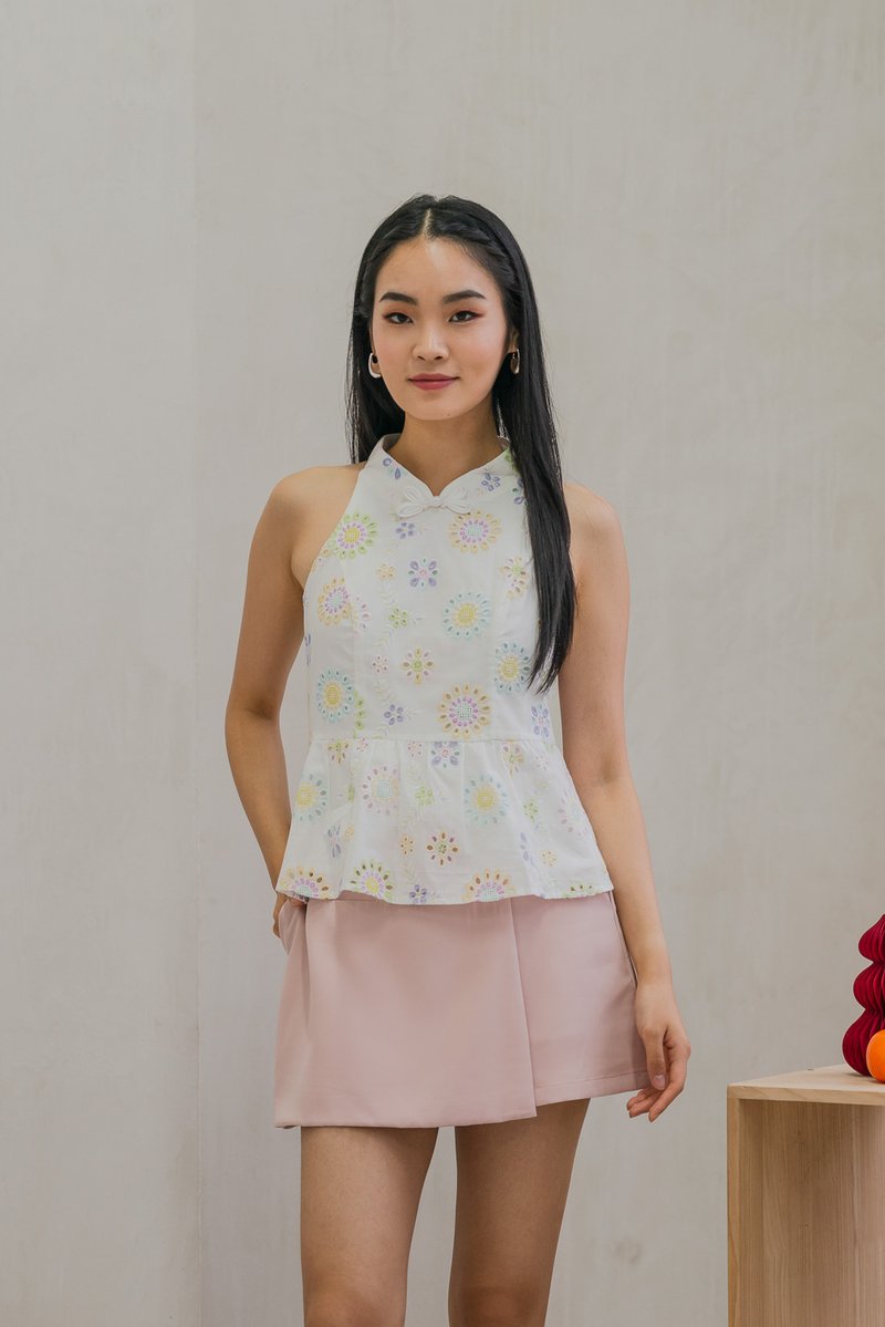 Lumina Pastel Eyelet Qipao Top In White