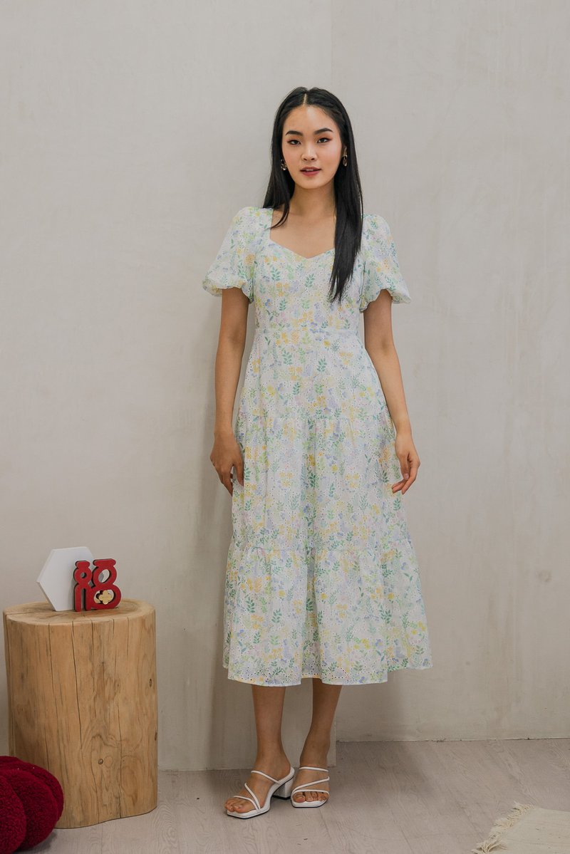 Etopia Garden Eyelet Puff Sleeve Midi Dress In Sage (XS)